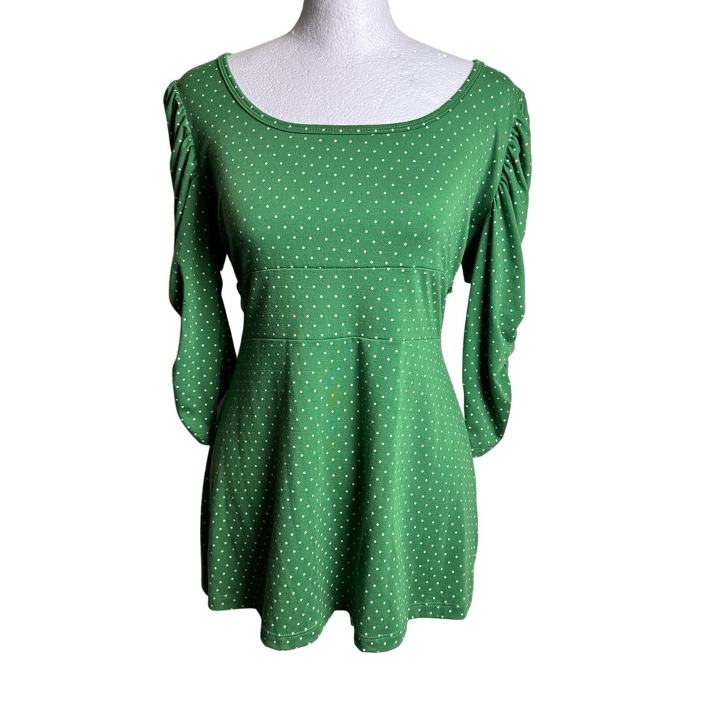 Miken‎ Womens Green Polka Dot Ruched Sleeve Tie Back Tunic Top Large JE551JEV